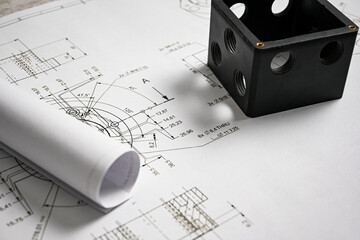 Black plastic prototype lying on technical drawing with measurements, showcasing precision and...