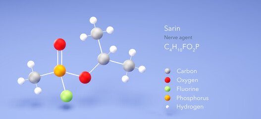 sarin molecule, molecular structure, nerve agent, 3d model, Structural Chemical Formula and Atoms with Color Coding
