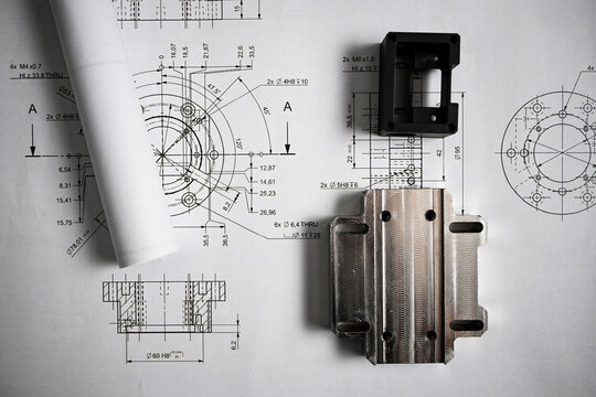 Metal components lying on mechanical engineering drawings, showcasing the relationship between design and physical realization