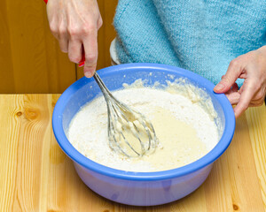 Making pancake batter. Mixing.