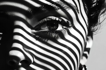 Close-up of a woman's face, double exposure with a striped shadow pattern