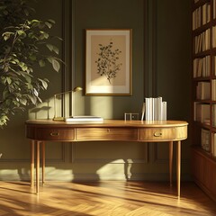 Cozy Vintage Wooden Desk in Elegant Home Library with Bookshelves