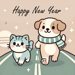 A simple folk style illustration of a cute puppy and kitten walking along a road, passing a 2024 board and heading toward a 2025 board, symbolizing a joyful journey into the new year.