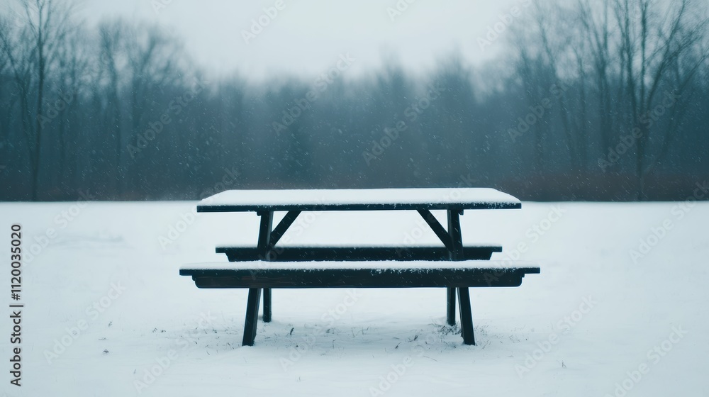 Poster snow falling on empty picnic table in deserted winter landscape