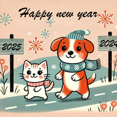 Fototapeta premium A simple folk style illustration of a cute puppy and kitten walking along a road, passing a 2024 board and heading toward a 2025 board, symbolizing a joyful journey into the new year.