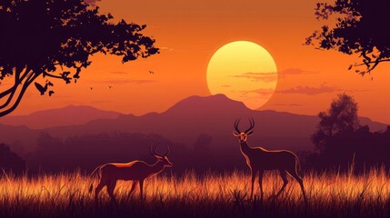 Two Antelopes Silhouette At Sunset Over Mountains