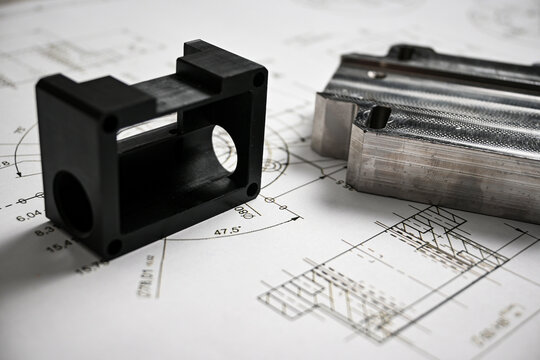 Plastic and metal prototypes are lying on a technical drawing with measurements, showcasing the process of product development