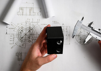 Engineer comparing a plastic component with its technical drawing using a caliper, ensuring precise...