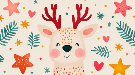 Cute cartoon reindeer surrounded by stars, hearts, and leaves.
