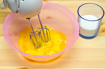 Beaten Eggs with Mixer Whisks in Bowl