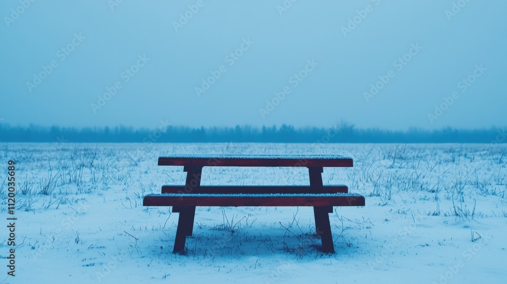 Poster frost covered picnic table in a desolate winter landscape expressing solitude