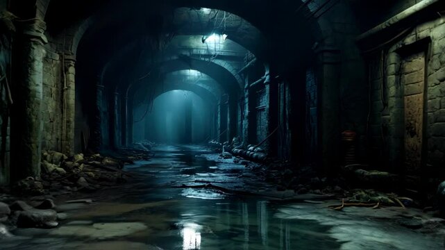 Old urban underground tunnel, abandoned dark scary passage like sewer, concept of dungeon, horror, grunge, cellar.