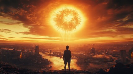 Fototapeta premium Apocalyptic Cityscape Man Watching Fiery Celestial Event