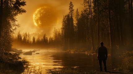 Fototapeta premium Golden Hour Lake Man Silhouetted Giant Sun Forest Mystical Scene