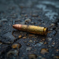 Obraz premium Wet Bullet on Dark Ground Rain Closeup Macro Ammo Cartridge Weapon Firearm Danger Crime War