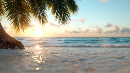 A calm, picturesque beach scene at sunset, featuring a vivid ocean view and a palm tree, evokes a sense of tranquility and the beauty of nature.