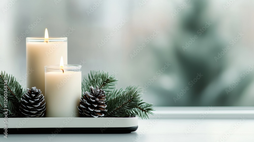 Poster two burning candles, pine cones and fir branches creating winter atmosphere