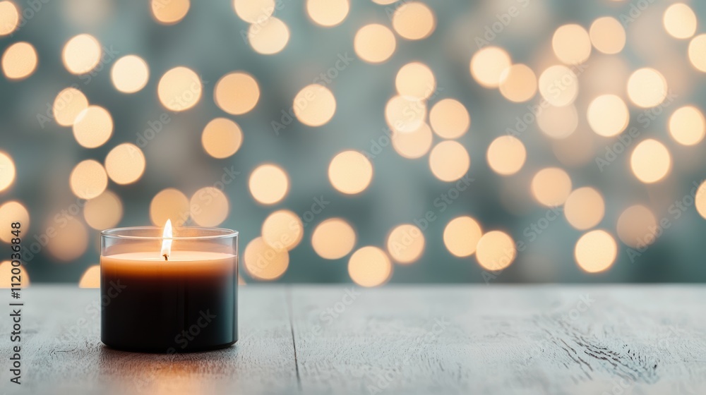Aufkleber Burning candle creating warm atmosphere on table with bokeh lights