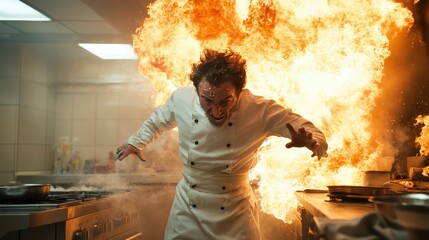 A chef dressed in white stands fiercely at the forefront of a dramatic blaze, capturing the raw energy and passion of cooking amidst fiery chaos in a modern kitchen.