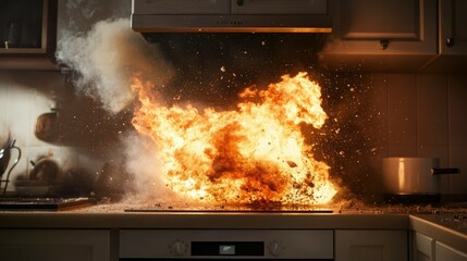 An explosive kitchen fire sends debris flying amidst massive flames, creating a chaotic and dangerous scene full of tension and urgency in the environment.