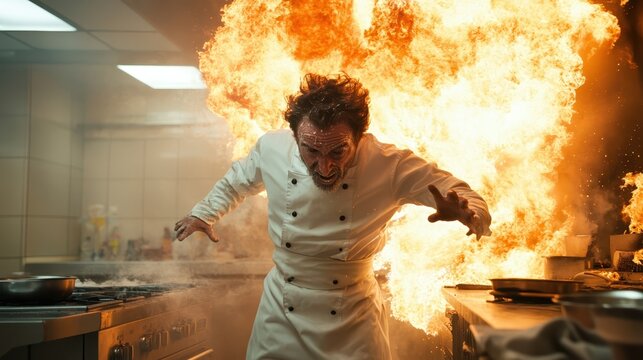 A chef dressed in white stands fiercely at the forefront of a dramatic blaze, capturing the raw energy and passion of cooking amidst fiery chaos in a modern kitchen.