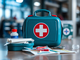 First aid kit placed on a table, showcasing essential medical supplies for emergency situations.