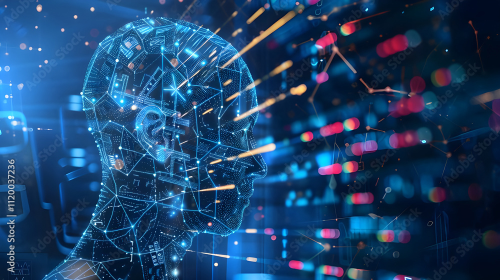 Poster ai head with data streams, digital brain, futuristic technology concept.