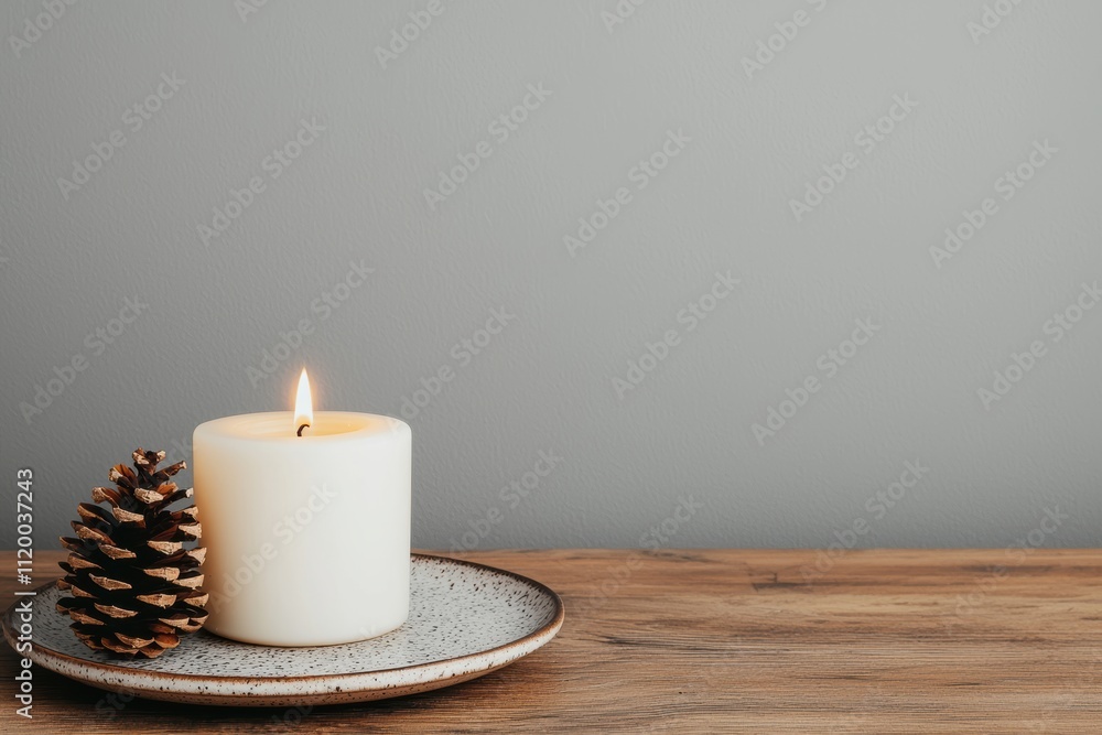 Poster burning candle and pine cone creating cozy winter atmosphere on table