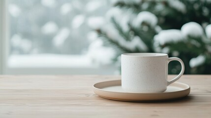 White mug sitting on wooden table with snow covered pine tree out of focus in the background