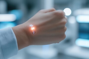 A close-up view of an advanced health-monitoring device on a wrist, showcasing its sleek design and illuminated health data display.