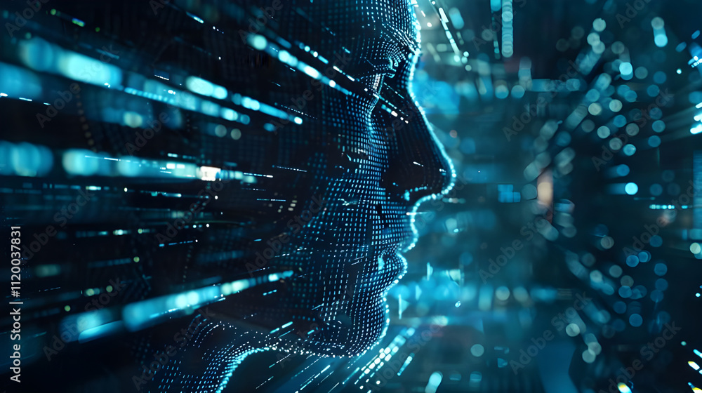 Poster abstract digital face formed by data streams.