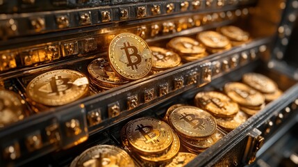 Fototapeta premium Gold Bitcoin cryptocurrency coins in a vault.