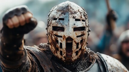 An armored knight, covered in mud and dust, cheers loudly in a battle-ready stance, embodying the spirit of courage and perseverance in historical combat.