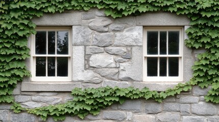 Three wooden framed windows are seen against a textured stone wall covered with lush green ivy, creating a serene and natural aesthetic in a quiet environment.