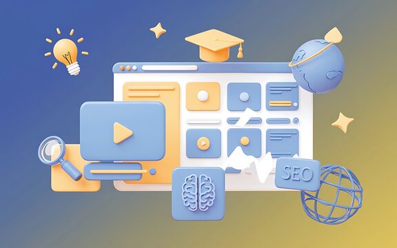 3D Web Vector Illustration of Video Player, Gallery, Development & SEO Concepts