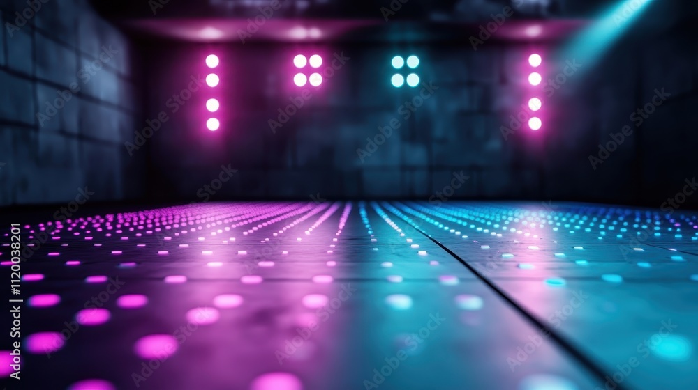 Poster a futuristic dance floor featuring dotted led light patterns creating a vibrant and engaging visual 