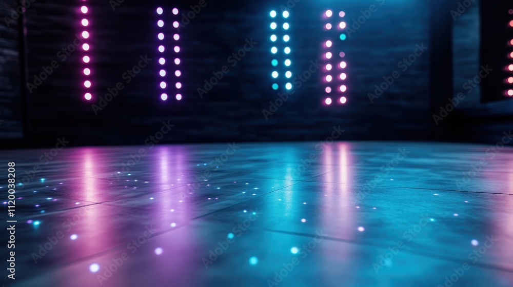 Poster a room filled with colorful vertical light patterns creating a mesmerizing visual effect as they ref