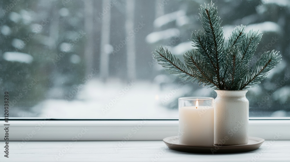 Aufkleber cozy winter scene with candle and pine branches creating festive atmosphere by window with snowy lan
