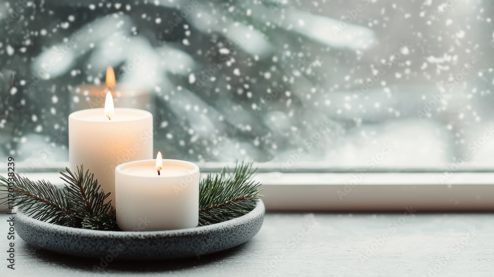 Poster burning candles on cozy table decorated for winter with pine branches and snowy scene through window
