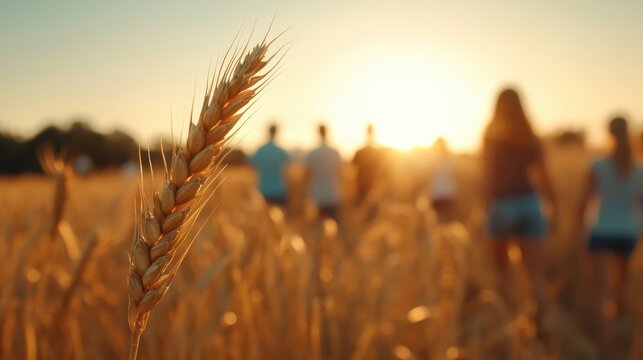 This image shows a group of people walking through a golden wheat field as the sun sets, symbolizing togetherness, freedom, and the beauty of rural landscapes.