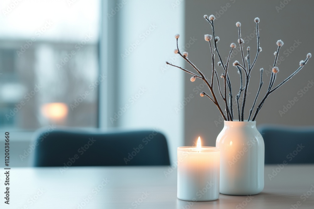 Aufkleber frosted branches in vase and lit candle creating cozy winter ambiance on dining table