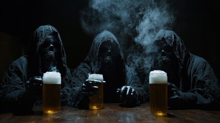 Three shadowy robed figures hold mugs of beer enveloped in mysterious smoke, invoking a sense of intrigue and mysticism, suitable for fantasy-themed settings.