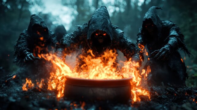 Three shadowy figures shrouded in hoods perform a ritual around a flaming cauldron, casting an aura of mystery and ancient magic in the dark forest. - Powered by Adobe