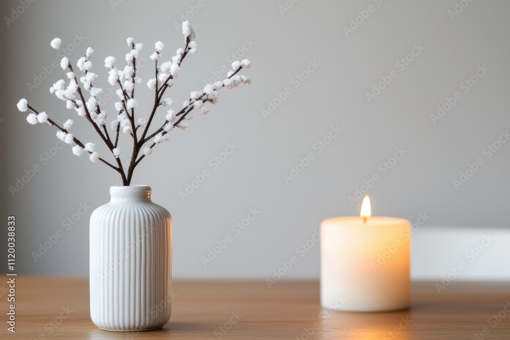 Aufkleber frosted branches in vase and lit candle creating winter ambiance on dining table