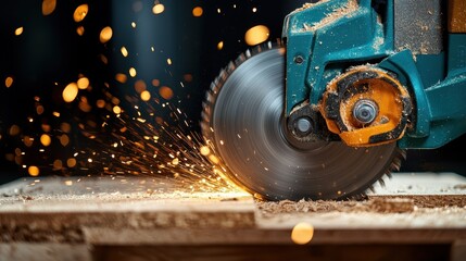 A powerful electric saw slices through wood, causing vibrant orange sparks to fly in all directions, capturing the dynamic energy and intensity of craftsmanship.