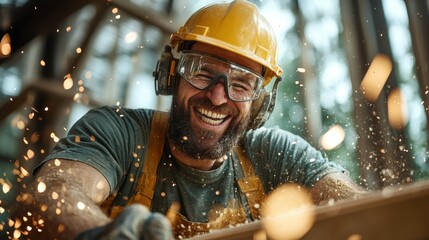 A cheerful worker wearing safety gear, including goggles and a hard hat, stands amidst a workshop filled with tools and gear, symbolizing joy in craftsmanship.