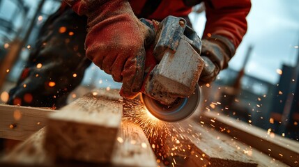 A craftsman skillfully uses an angle grinder to cut through wooden planks, sending a cascade of bright sparks, showcasing expertise and dedication to the craft.