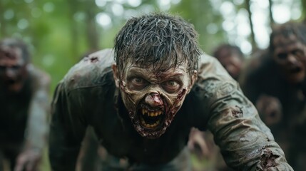 A terrifying zombie with decaying features lunges forward, showcasing menacing teeth and tattered clothing in a dimly lit, densely wooded forest area.