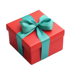 Bright Red Gift Box Tied with Glossy Turquoise Ribbon Against White Background Perfect for Celebrations, Holidays, and Special Occasions