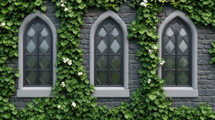 Three wooden framed windows are seen against a textured stone wall covered with lush green ivy,...